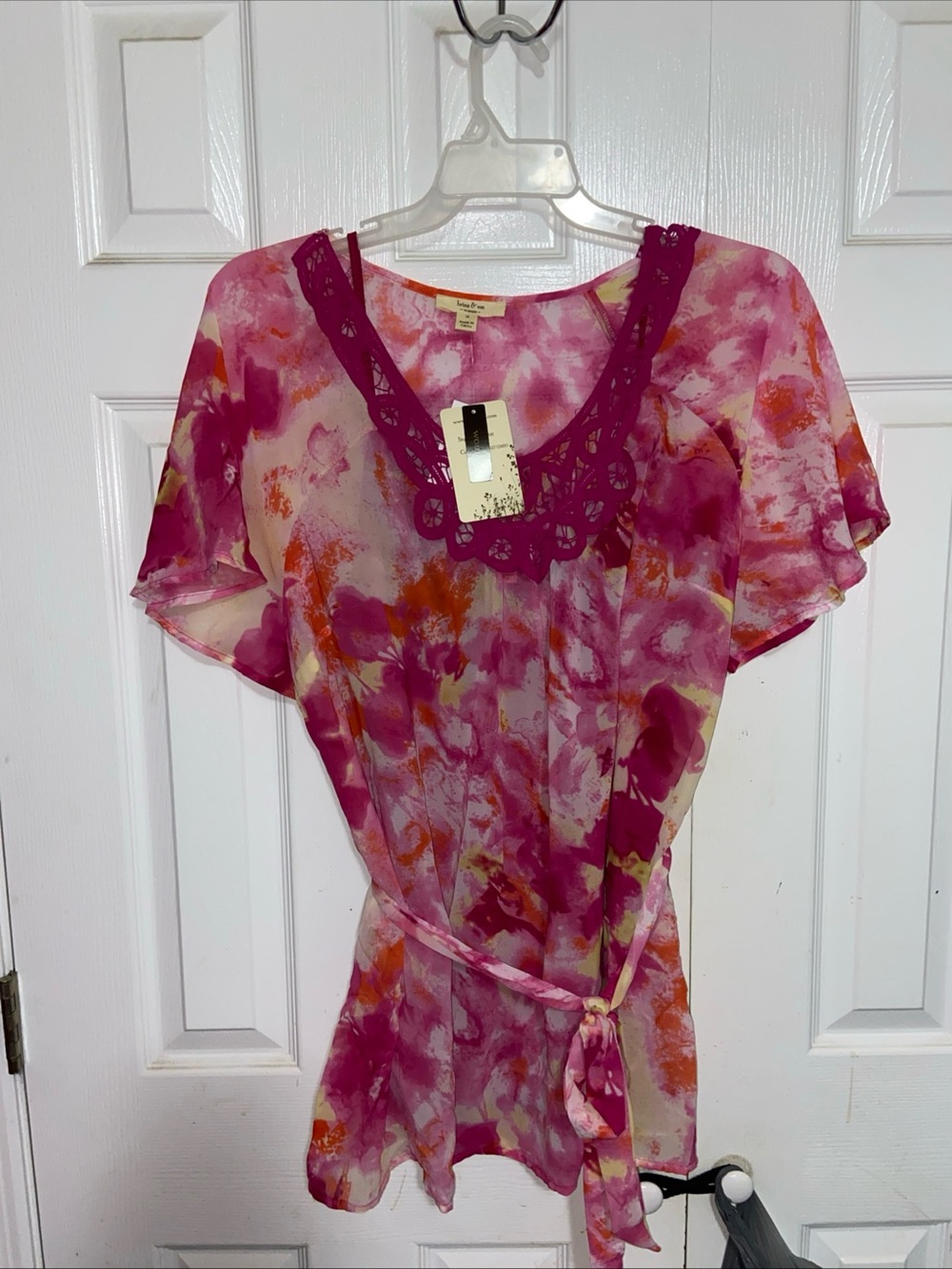 Floral Pink Tie-Waist Blouse with Lace Trim